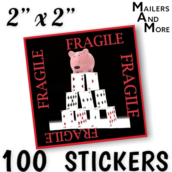 Mailers And More Other - 100 FRAGILE Stickers, Pig & Cards, High Gloss, Square, PRICE IS FIRM